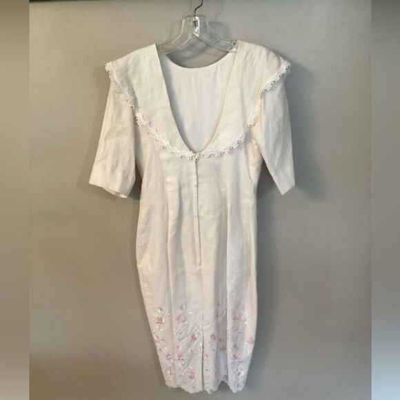 VINTAGE 80s JESSICA MCCLINTOCK WHITE PENCIL DRESS LACE EMBROIDERED BIB COLLAR - Picture 3 of 11